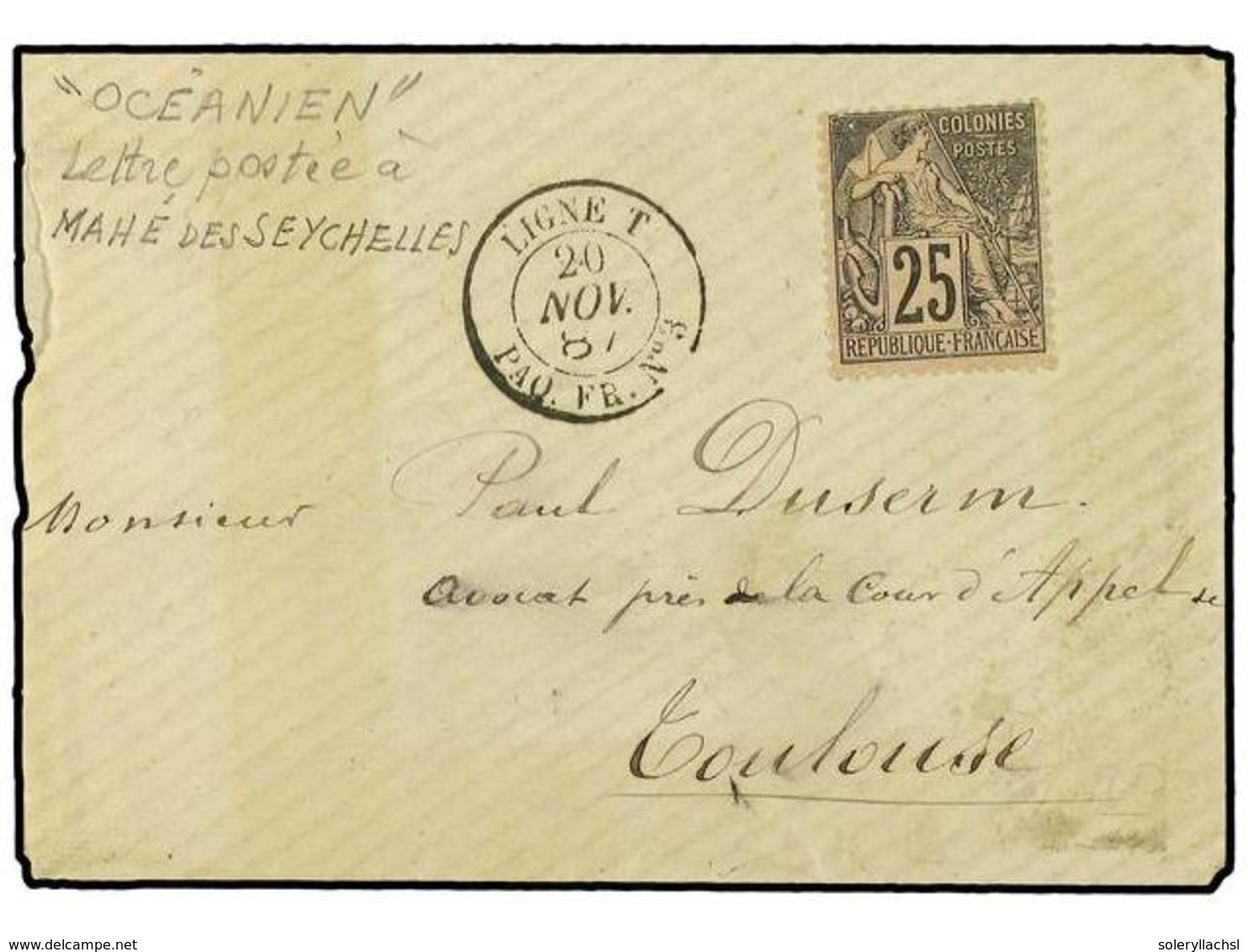 SEYCHELLES. 1887. MAHE A TOULOUSE (Francia). Carta Franqueada Con Sello De Colonias De  25 Cts.  Negro Sin Matasellar, A - Autres & Non Classés