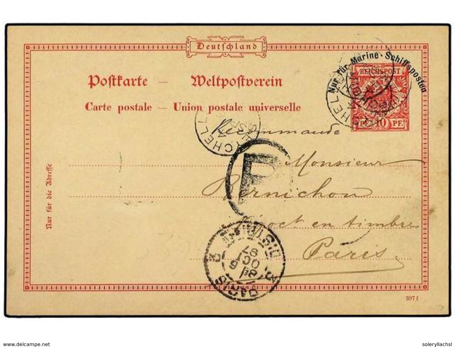 SEYCHELLES. 1897 (Sept 6). German Marine Schiffspost  10pf  Carmine Postal Stationery Card Sent Registered And Used From - Andere & Zonder Classificatie