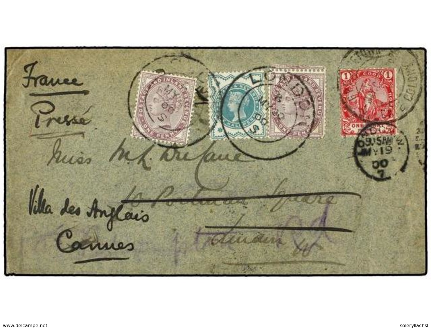 AFRICA DEL SUR. 1900. CAPE TOWN To LONDON.  1 D.  Red Redirected To CANNES (France) With Great Britain  1/2 D.  Green An - Altri & Non Classificati