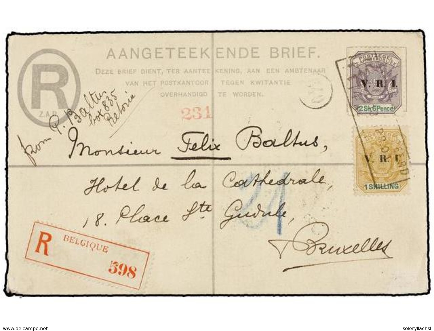 AFRICA DEL SUR. Sg.233, 234. 1901.  4 D.  Olive Registered Envelope Uprated  1 Sh.  And  2 Sh. 6 D.  Arrival On Reverse. - Altri & Non Classificati