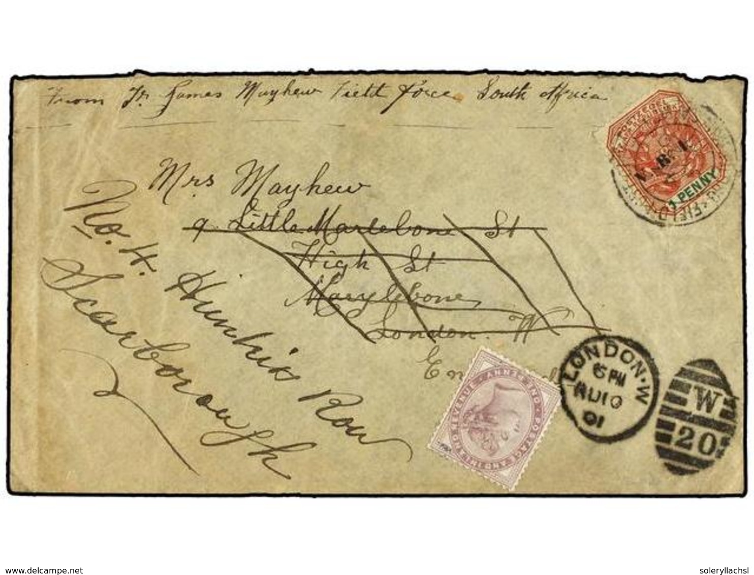 AFRICA DEL SUR. 1901. SOUTH AFRICA To LONDON. Military Cover Franked With  1 D.  Red And Green Stamp Redirected With Gre - Autres & Non Classés