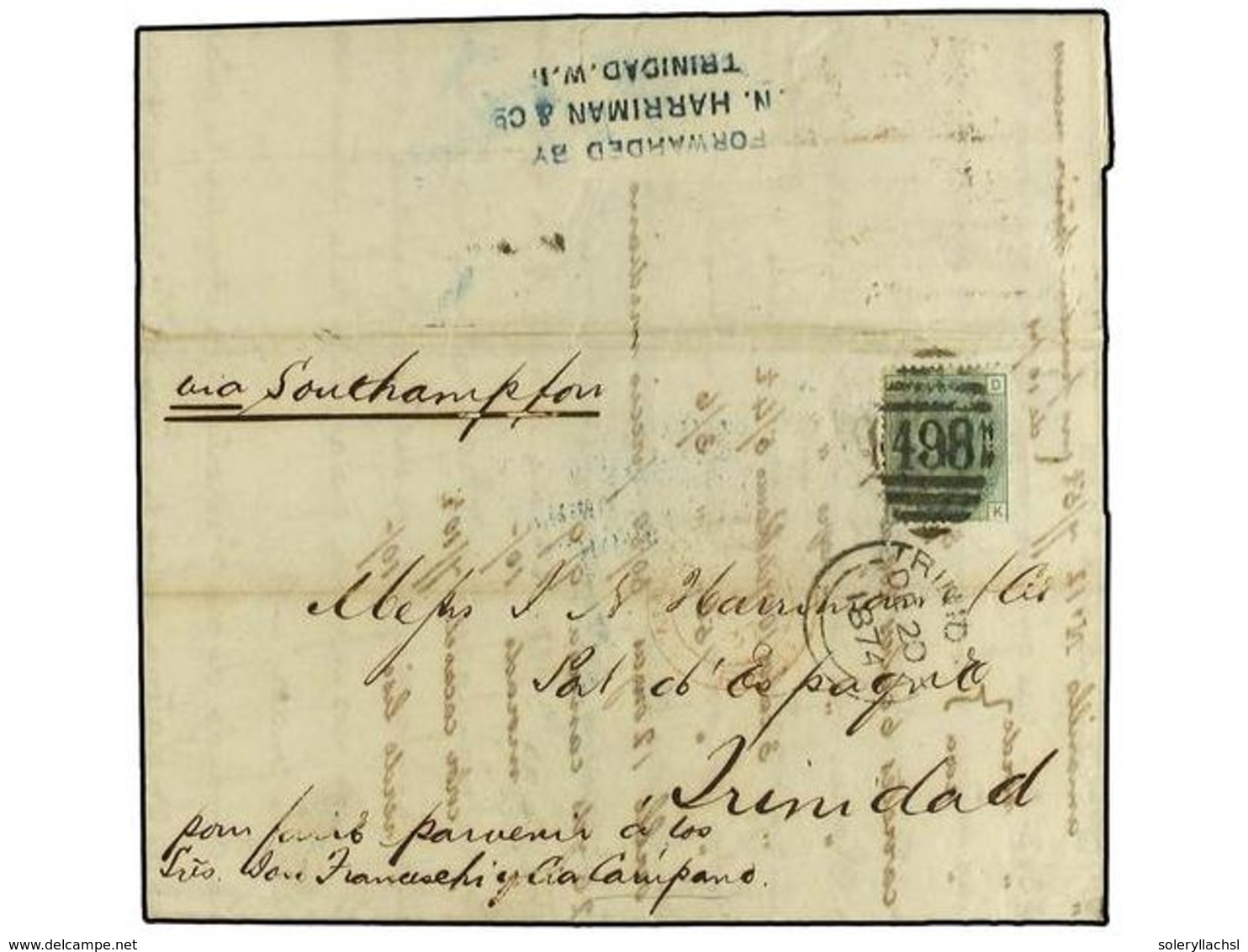 TRINIDAD. 1874 (Dec 1). Entire Letter From Manchester To Carupano, Venezuela Franked By 1874  1s  Green Pl.10 Tied By  4 - Andere & Zonder Classificatie