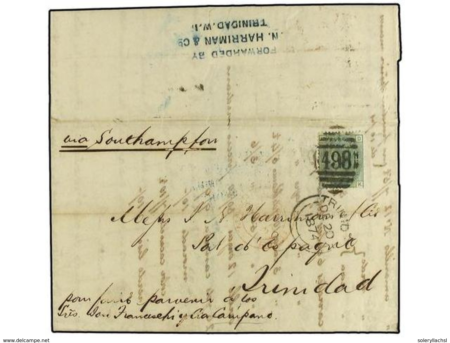 TRINIDAD. 1874 (Dec 1). Entire Letter From Manchester To Carupano, Venezuela Franked By 1874  1s  Green Pl.10 Tied By  4 - Altri & Non Classificati