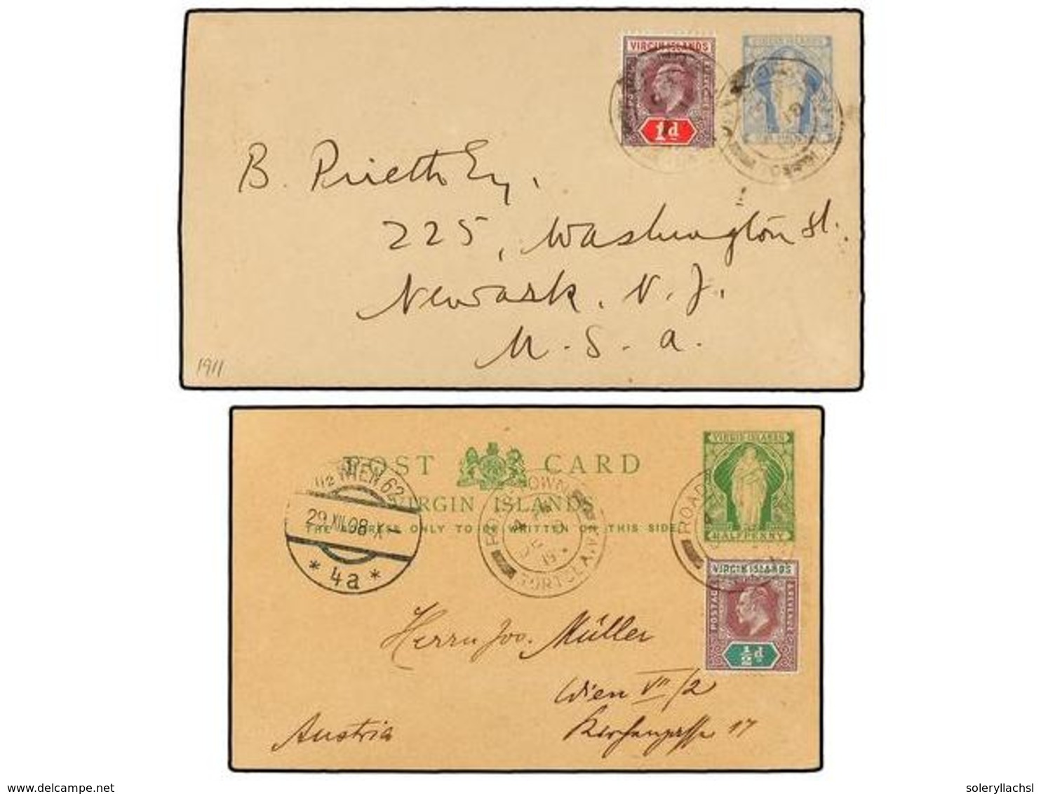 ISLAS VIRGENES. 1908-11. Two Postal Stationary  1/2 D.  Green And  2 1/2 D.  Ultramarine Uprated  1/2 D.  And  1 D. - Altri & Non Classificati