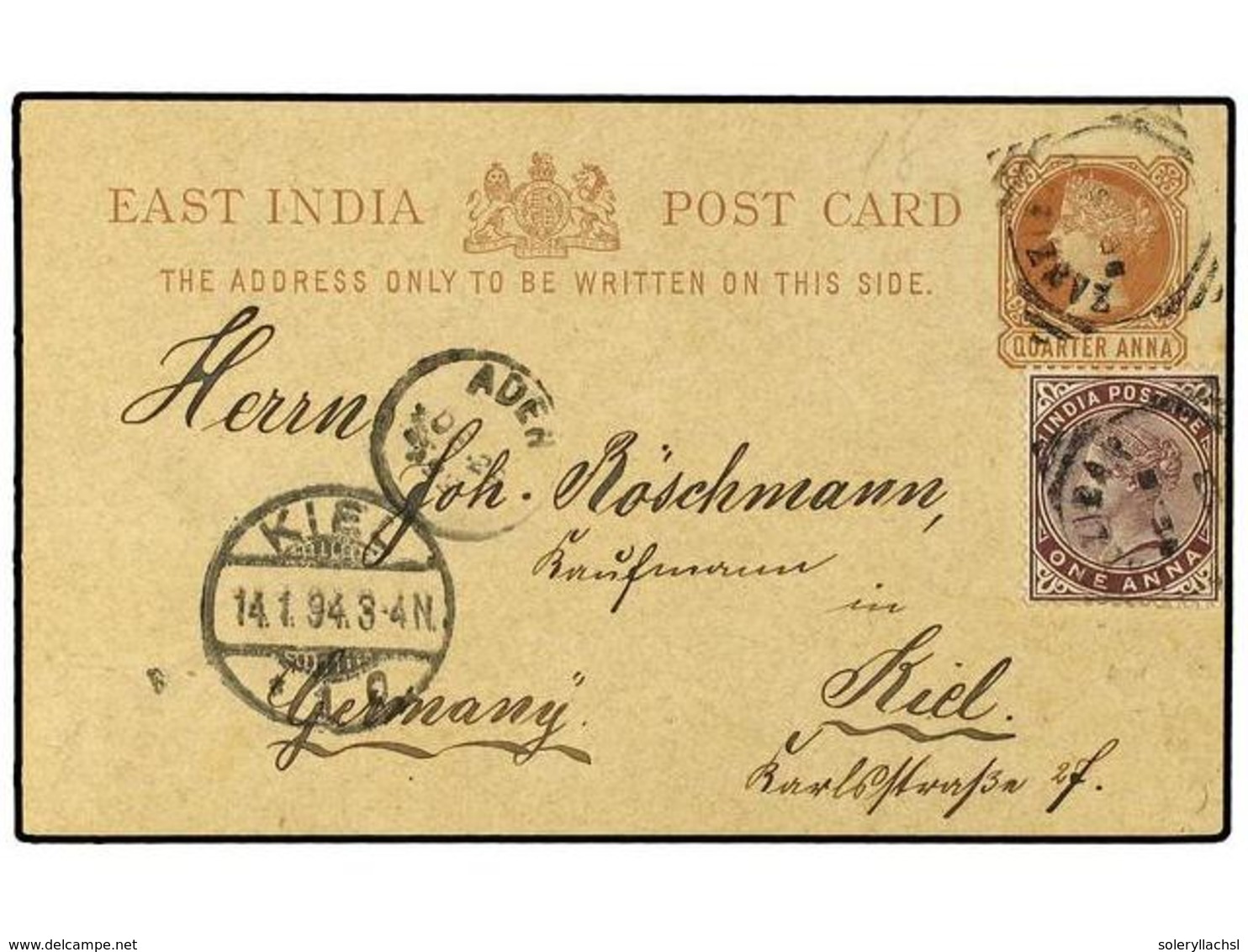 ZANZIBAR. 1893. Use Of British India  1/4a  Postal Card, Uprated With  1a  Violet Victoria Issue, From ZANZIBAR To GERMA - Andere & Zonder Classificatie