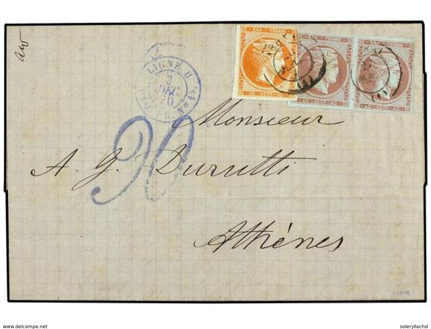 GRECIA. Sg.26+28. 1870 (Dec 3). Entire Letter From MARSEILLE To ATHENS, Mailed With Circular  LIGNE U-PAQ. FR. No.1  Dat - Autres & Non Classés