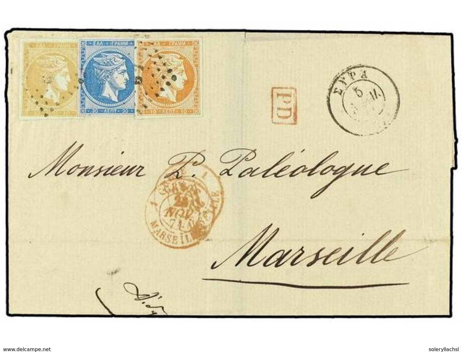 GRECIA. 1871 (Nov 5/Nov 17). Cover From Syra To Marseille Bearing 1870  10l . Red-orange On Greenish,  20l . Blue,  40l  - Sonstige & Ohne Zuordnung