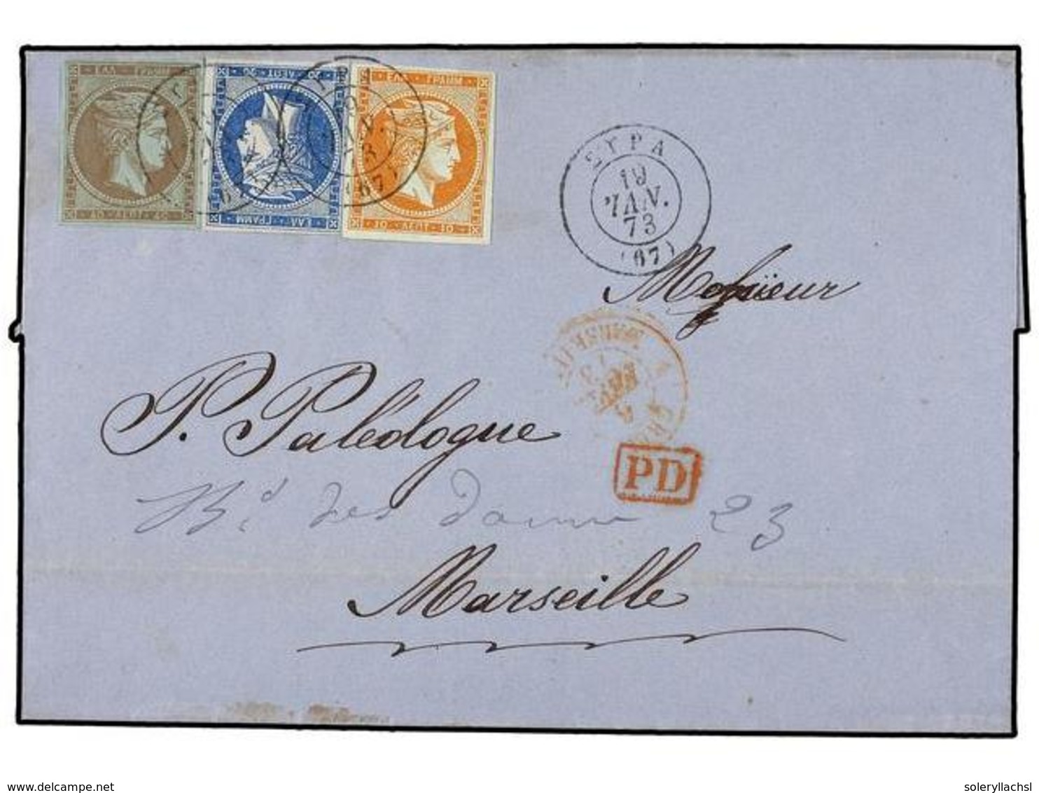 GRECIA. 1873 (Jan). Outer Letter Sheet From Syra To Marseille With Attractive Three Colour Franking Of 1870-72  10l . Or - Andere & Zonder Classificatie