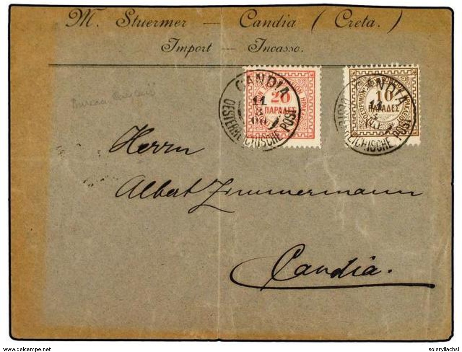 CRETA. 1900. Cover To CANDIA Franked By 1899  10 Pa.  Brown And  20 Pa.  Rose Tied By  CANDIA  Austrian PO Cds's With St - Other & Unclassified