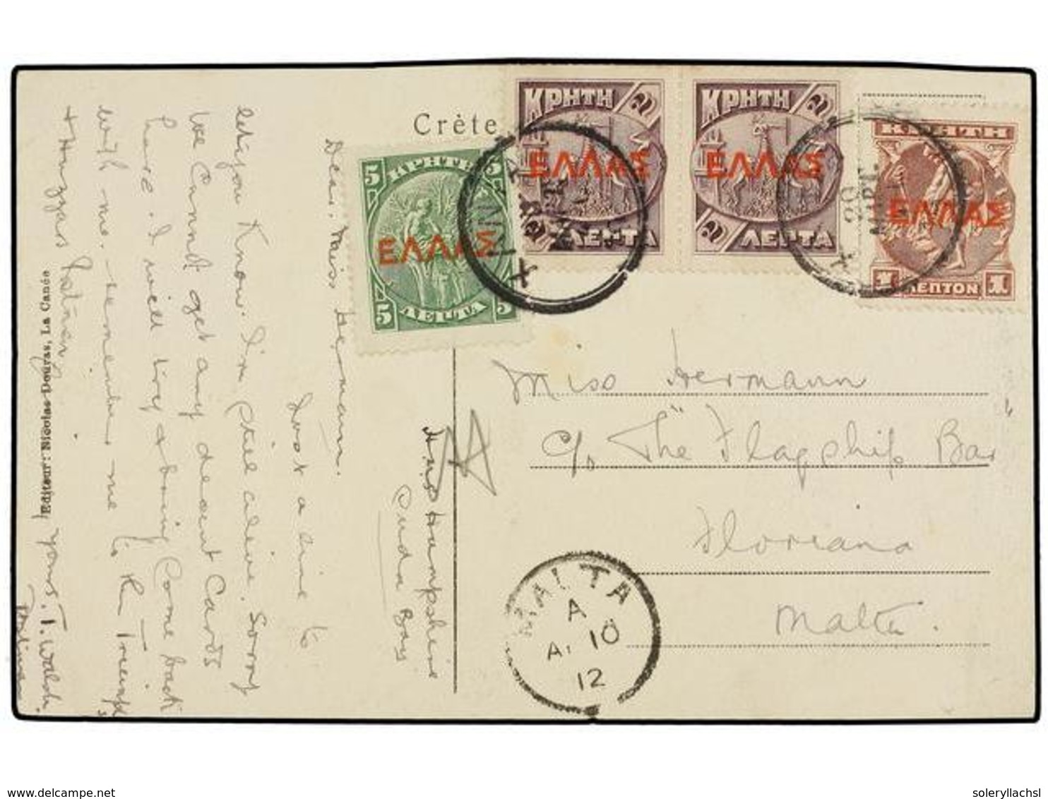 CRETA. 1912. CRETA To MALTA. Postcard Franked With  1 L., 2 L.  (2) And  5 L.  Stamps. - Sonstige & Ohne Zuordnung