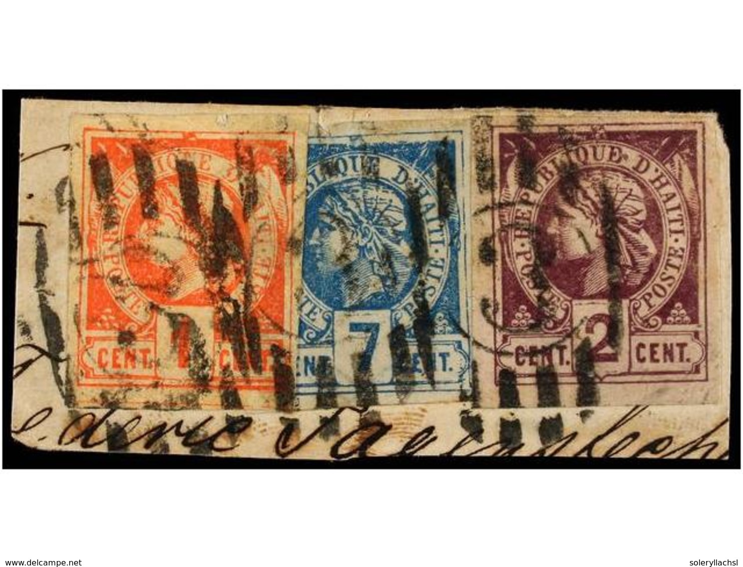 HAITI. Sc.1, 2, 5. 1881.  1 Cto.  Rojo,  2 Cts.  Violeta Y  7 Cents.  Azul Sobre Pequeño Fragmento, Mat.  ÓVALO DE BARRA - Autres & Non Classés
