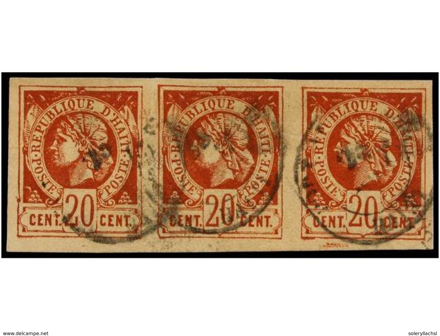 ° HAITI. Sc.6 (3). 1881.  20 Cents.  Castaño Rojo, Tira De Tres. PRECIOSA. - Autres & Non Classés