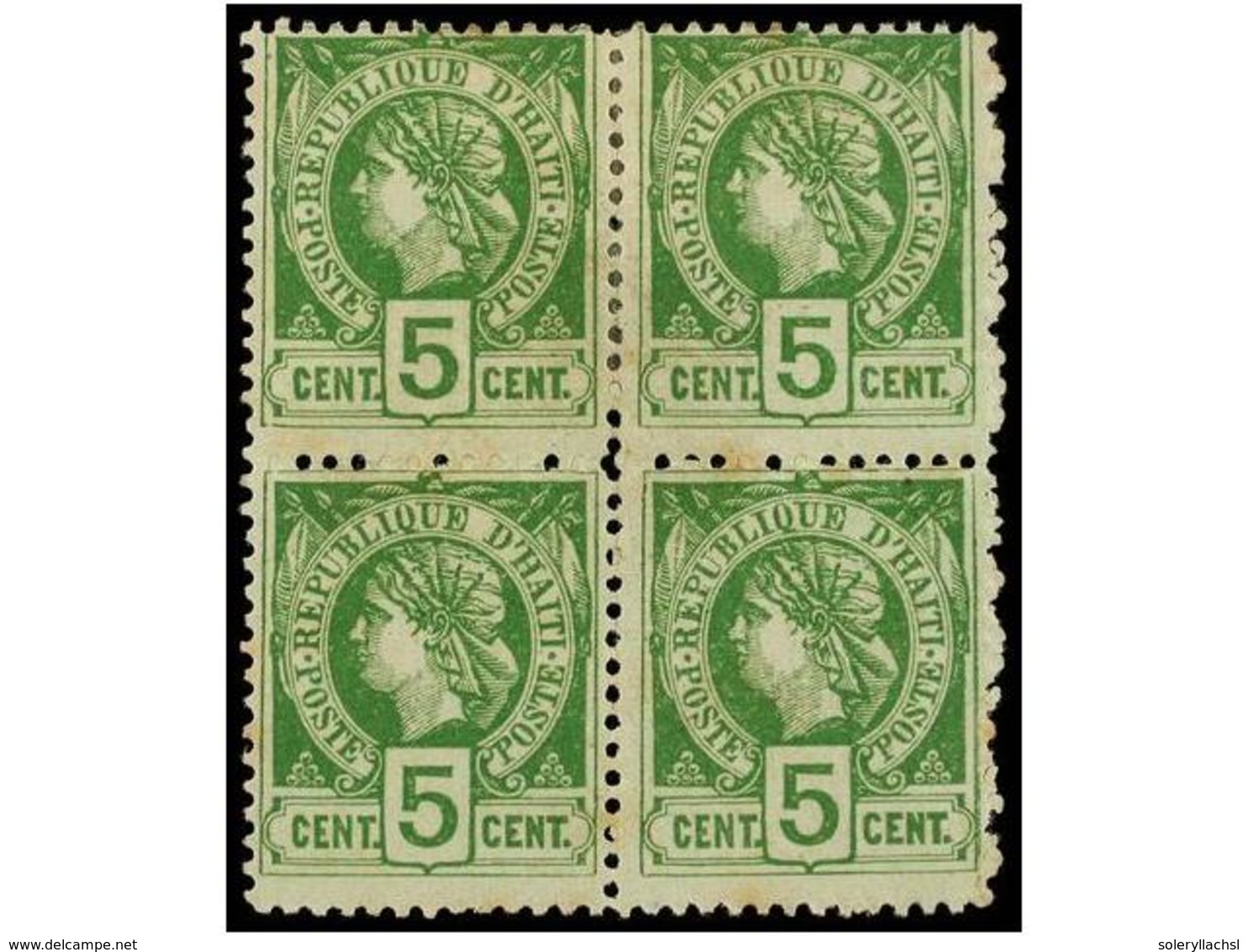 * HAITI. Sc.20 (4). 1886.  5 Cts.  Verde. Bloque De Cuatro, Leves Manchas Del Tiempo. - Autres & Non Classés