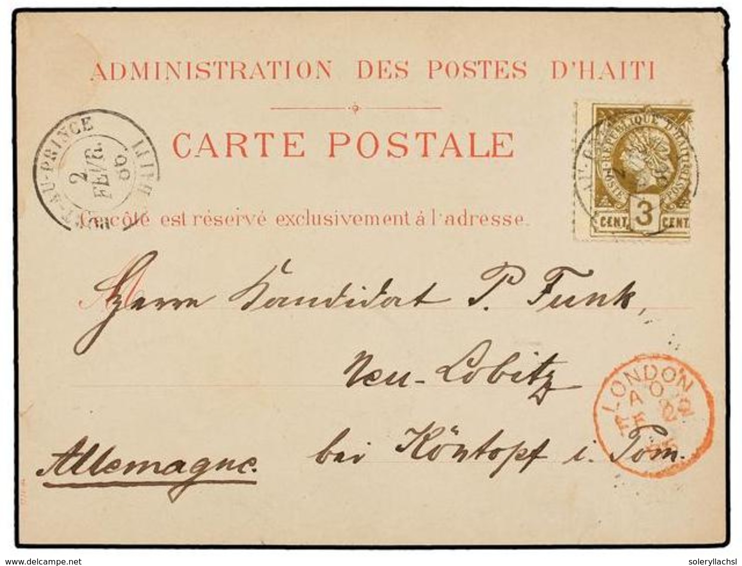 HAITI. Sc.9. 1886. PORT AU PRINCE A ALEMANIA. Tarjeta Postal Oficial Franqueada Con Sello De  3 Cts.  Bistre, Mat.  PORT - Sonstige & Ohne Zuordnung