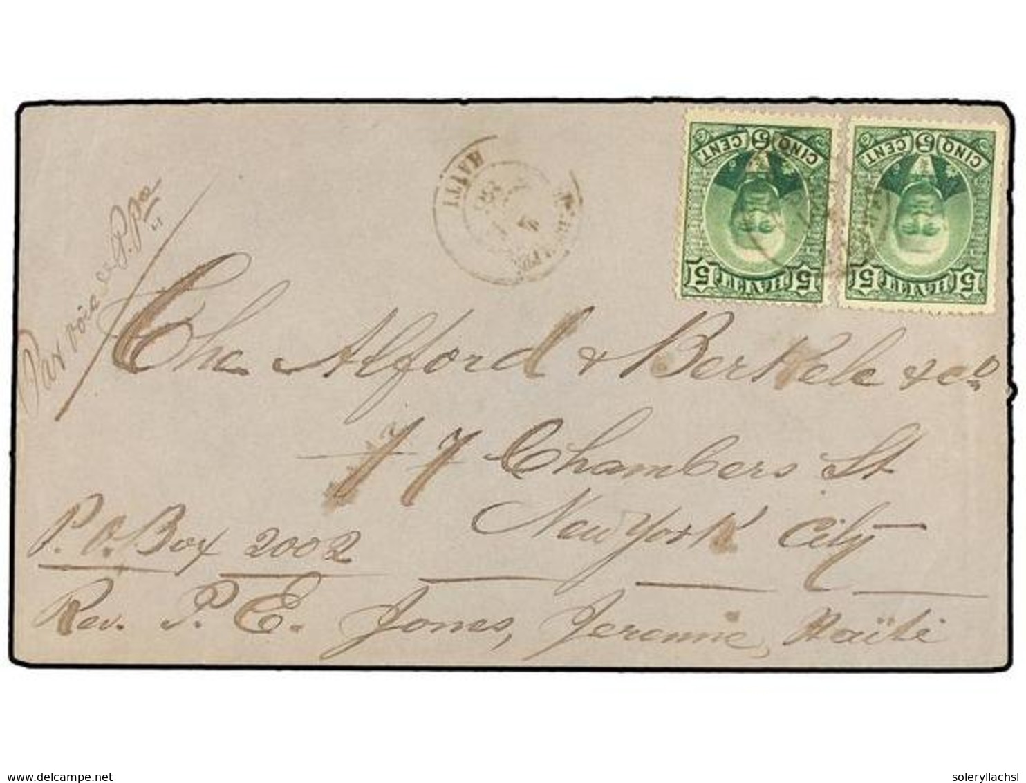 HAITI. Sc.24 (2). 1888. JEREMIE A NEW YORK.  5 Cent.  Verde (2), Mat.  JEREMIE/HAITI . Manuscrito  'Por Voie P.Pe'  (Por - Andere & Zonder Classificatie