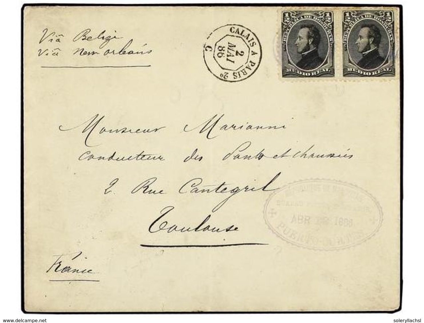 HONDURAS. 1886. Cover To FRANCE Franked By Morazan 1878  ½r.  Black Pair Tied By Violet  Star  Handstamps, Fine Oval  PU - Andere & Zonder Classificatie