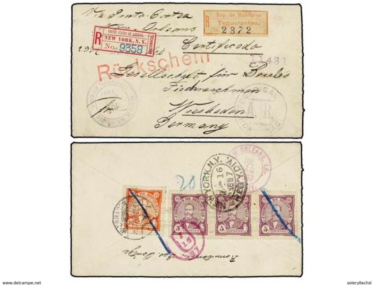 HONDURAS. Sc.97 (3), 98. 1897. TEGUCIGALPA A ALEMANIA.  5 Ctvos.  (3) Y  10 Ctvos.  Carta Certificada Circulada Vía USA. - Altri & Non Classificati