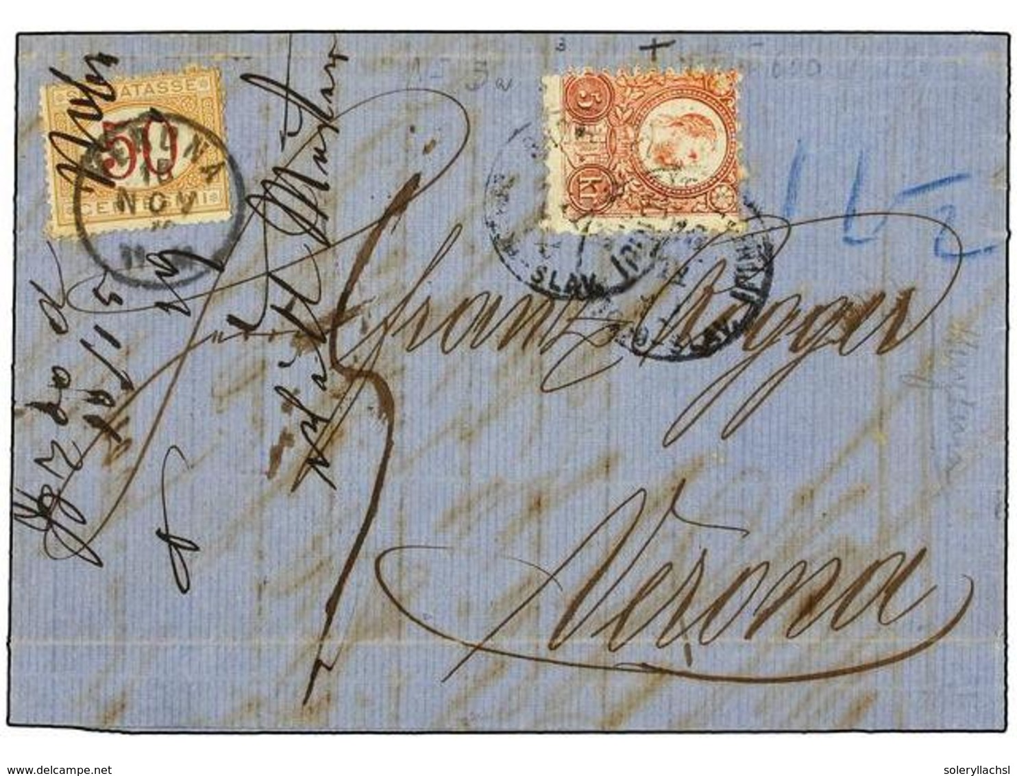 HUNGRIA. 1872. HUNGARY To VERONA (Italy).  5 Kr.  Red Sent Underpaid, Taxed On Arrival With Italian  50 Cts.  Orange And - Sonstige & Ohne Zuordnung