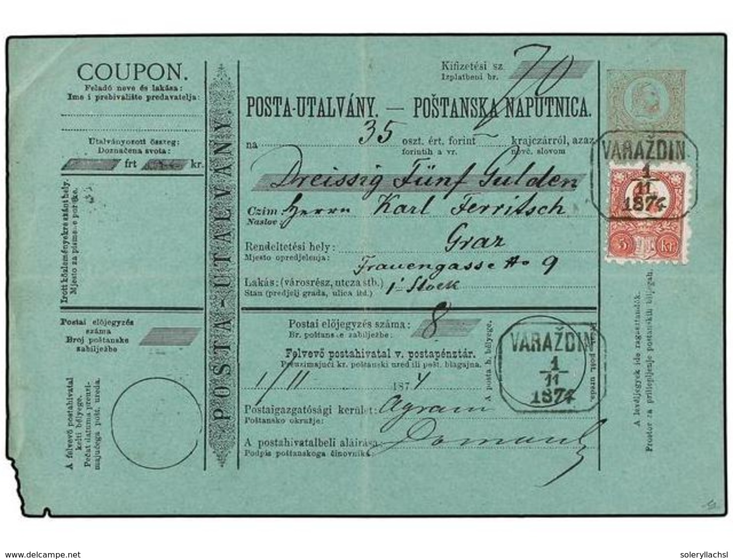HUNGRIA. Mi.10. 1874. VARAZODIN To GRAZ. Postal Receipt Of  5 Kr.  Red Uprated With  5 Kr.  Red Stamp. - Autres & Non Classés