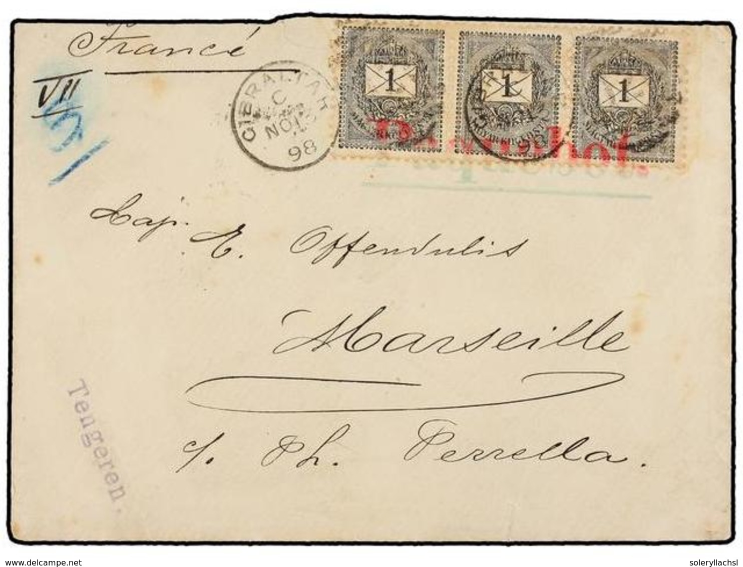 HUNGRIA. 1898. Envelope To FRANCE.  1 Fil  Black Strip Of Three Tied By  GIBRALTAR/A26  Duplex And Red  PAQUEBOT  Mark.  - Sonstige & Ohne Zuordnung