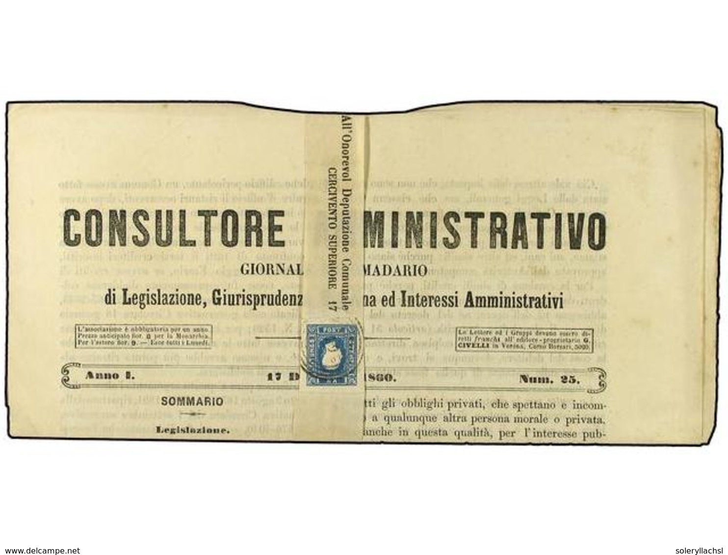 ITALIA ANTIGUOS ESTADOS: LOMBARDO-VENECIA. 1860 (17-Diciembre). PERIODICO CONSULTORE AMMINISTRATIVO Circulado De TOLMEZZ - Sonstige & Ohne Zuordnung