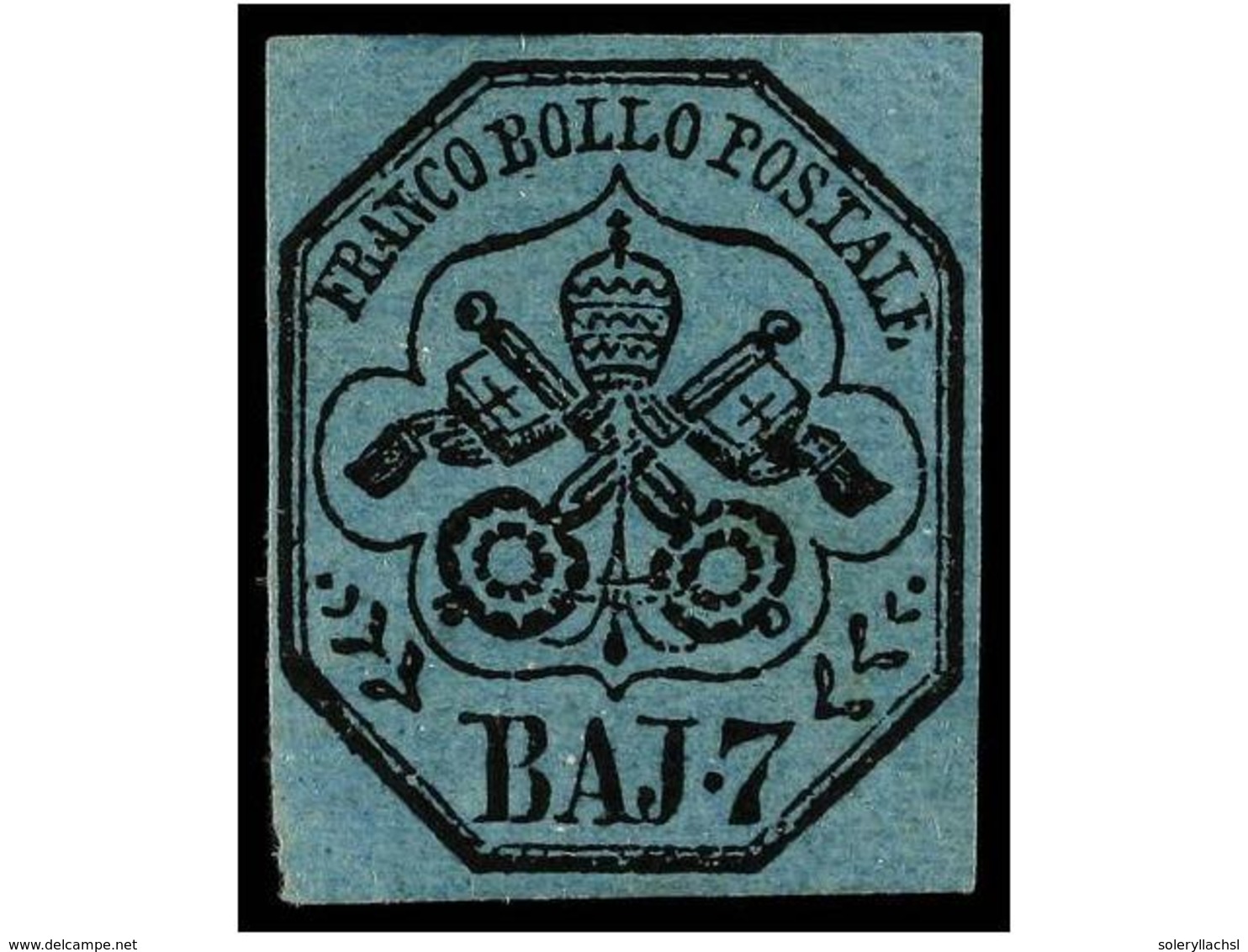 * ITALIA ANTIGUOS ESTADOS: ESTADOS PONTIFICIOS. Sa.8. 1852.  7 Baj.  Azul. Grandes Márgenes, Goma Original. MAGNÍFICO EJ - Sonstige & Ohne Zuordnung