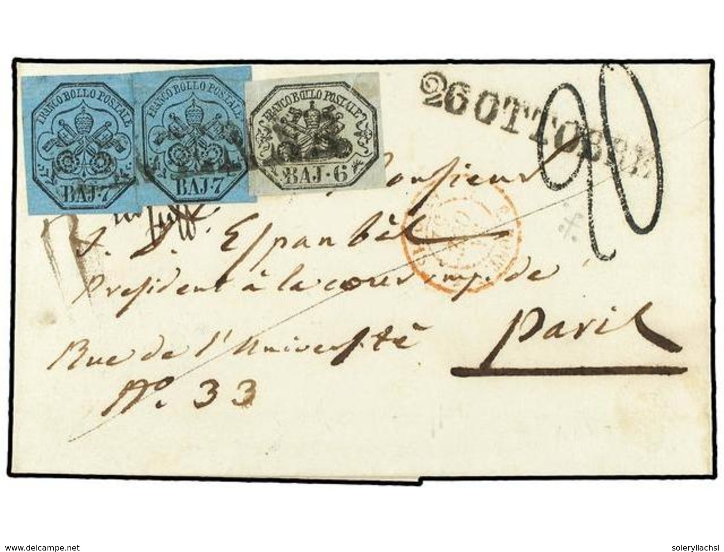 ITALIA ANTIGUOS ESTADOS: ESTADOS PONTIFICIOS. 1854. Cover To PARIS Franked By 1852  6baj.  Black On Greenish Grey And  7 - Sonstige & Ohne Zuordnung