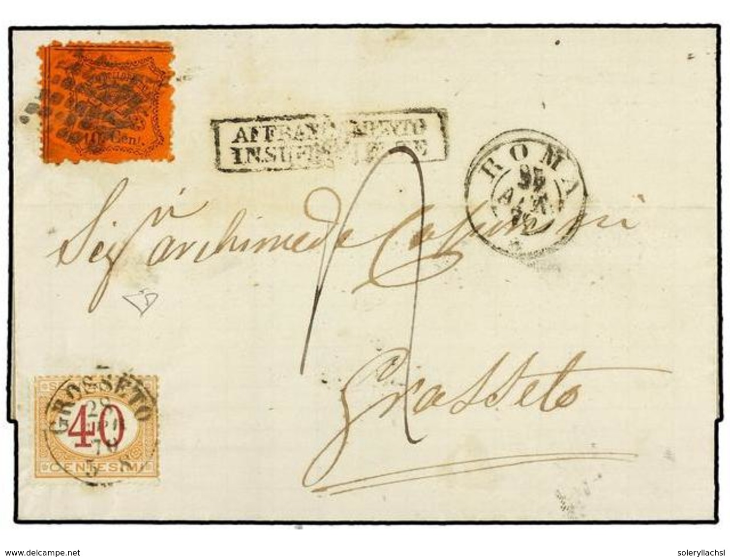 ITALIA ANTIGUOS ESTADOS: ESTADOS PONTIFICIOS. Sa.8. 1870. ROMA A GROSSETO.  10 Cent.  Naranja, Franqueo Insuficiente. Ta - Andere & Zonder Classificatie