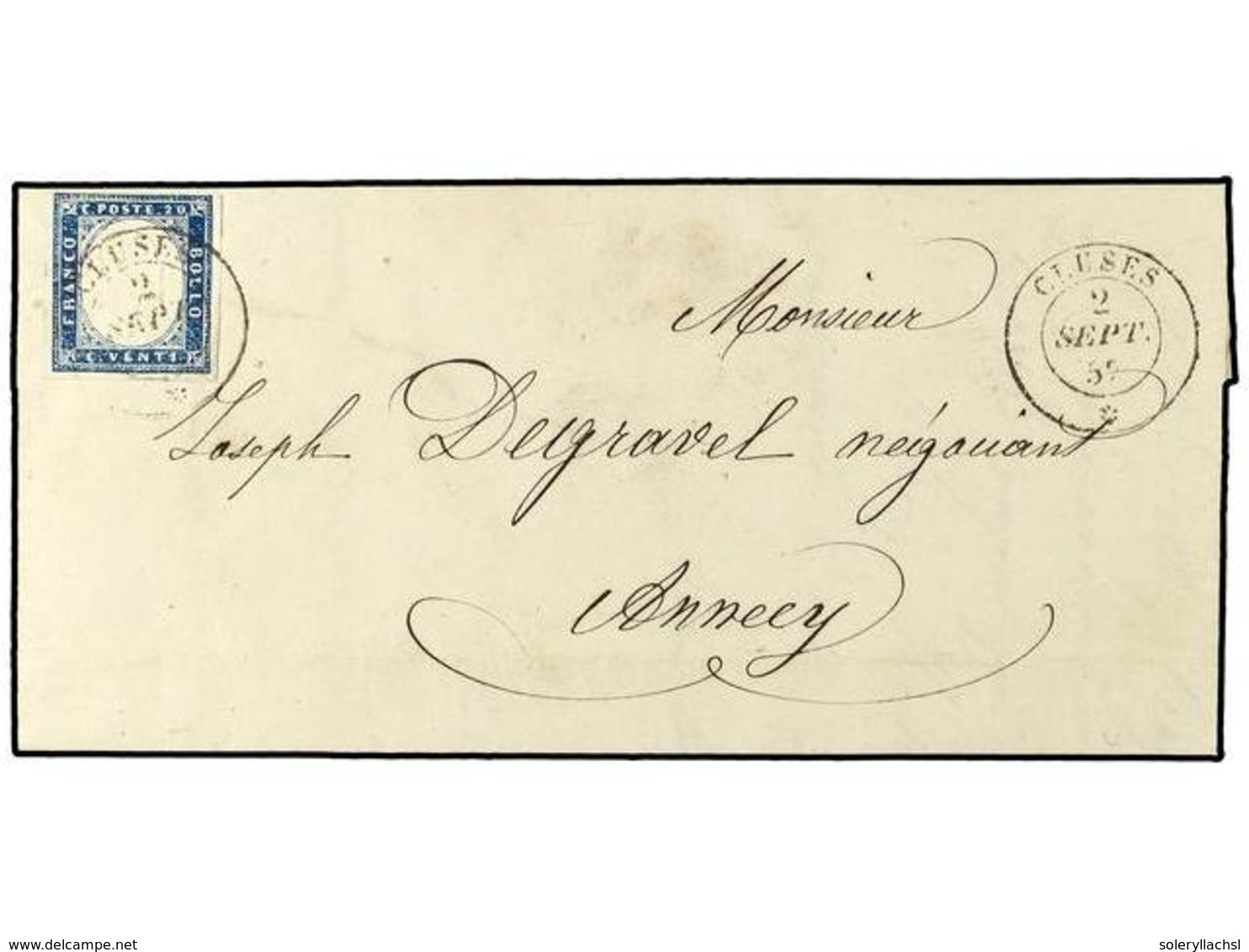 ITALIA ANTIGUOS ESTADOS: CERDEÑA. 1857. CLUSES (Savoie) A ANNECY.  20 Cts.  Azul, Mat.  CLUSES / *.  RARO. - Sonstige & Ohne Zuordnung