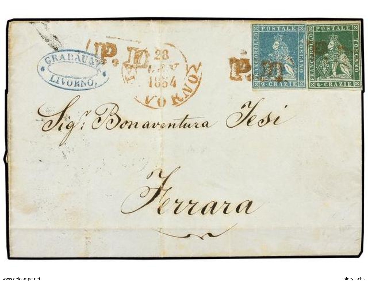 ITALIA ANTIGUOS ESTADOS: TOSCANA. 1854. Cover From LIVORNO To FERRARA Franked By 1851-52  2cr.  Blue And  4cr . Green Ti - Autres & Non Classés