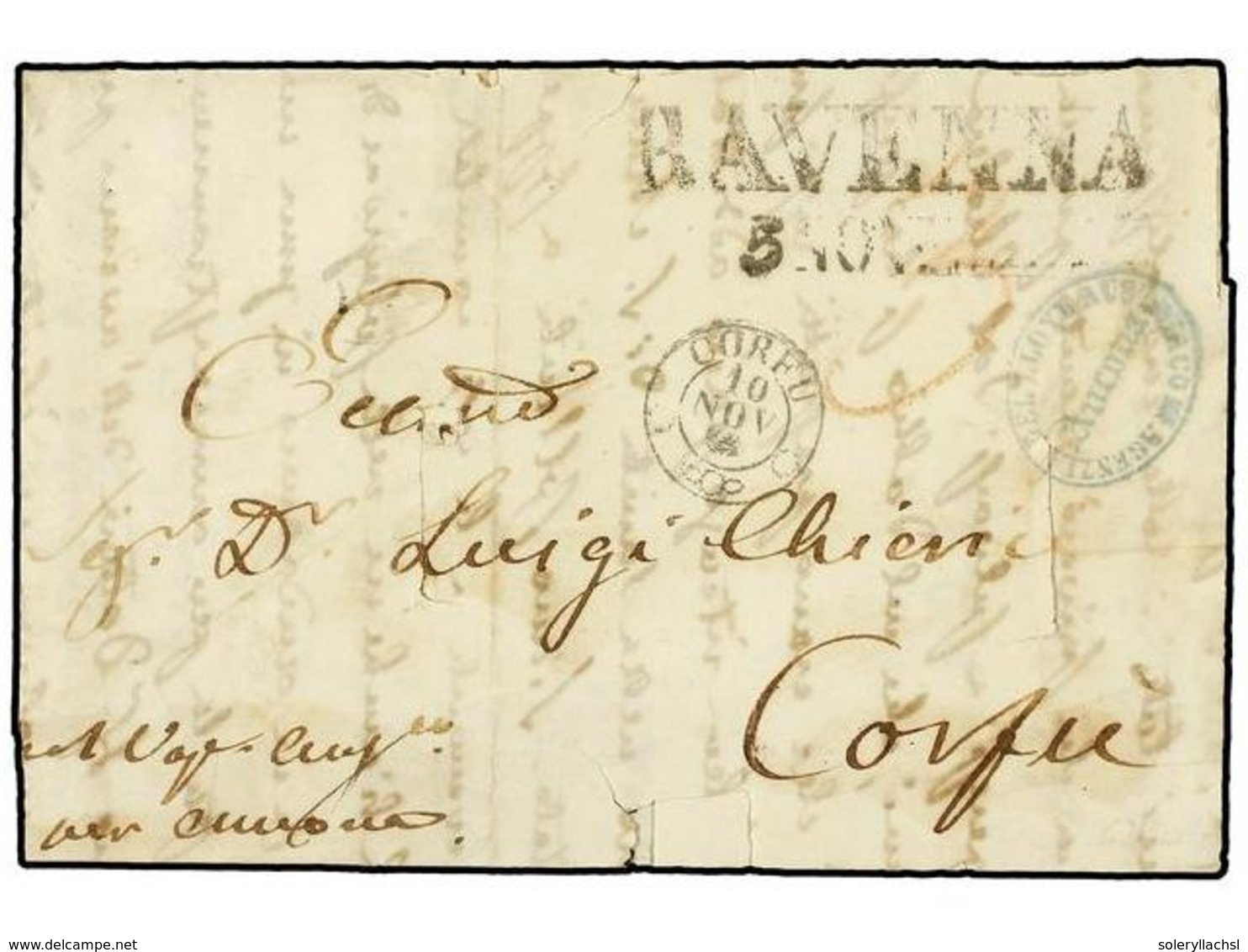 ITALIA. 1858 CA. Large Part Entire Letter, Slitted For Disinfection, Mailed From RAVENNA To CORFU Via Ancona, With Two L - Altri & Non Classificati