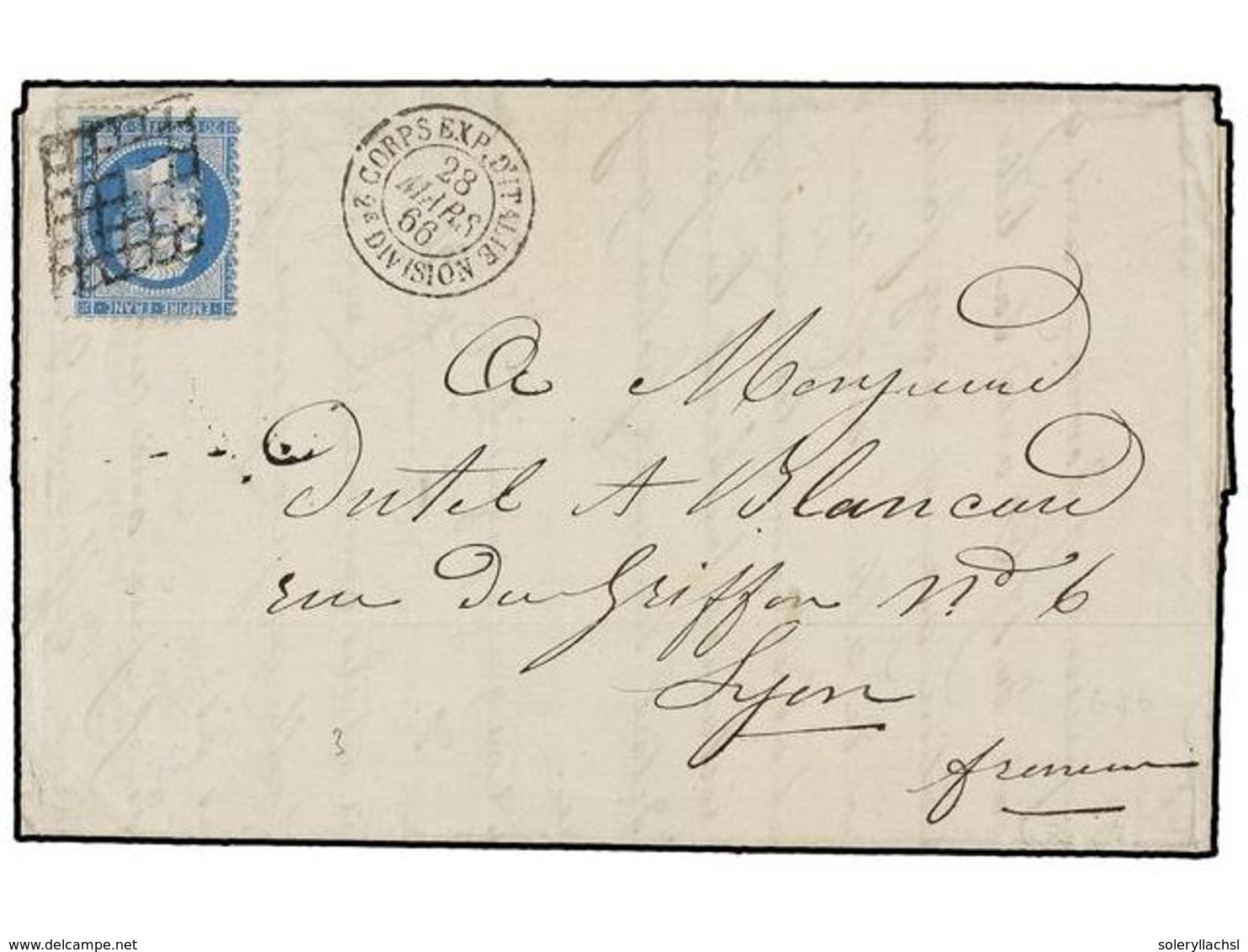 ITALIA. 1866. ROME To LYON. Entire Letter Franked By Perforate  20 Cts.  Blue French Stamps With  GRILL  Cancel And  COR - Altri & Non Classificati