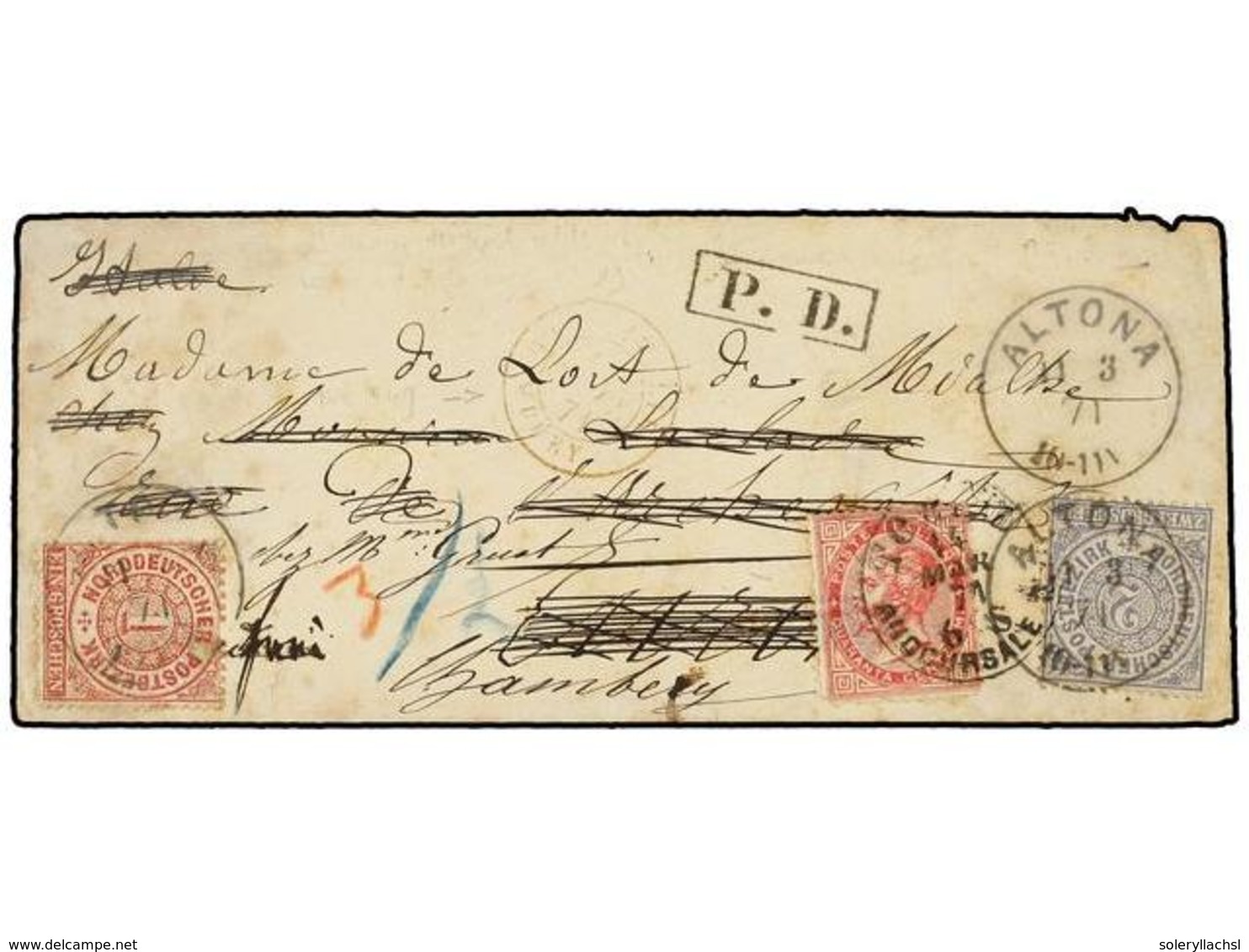 ITALIA. 1871 (March 11). Cover From Altona To Turin/Italy Franked By 1869  1gr . Rose And  2gr . Ultramarine, Readdresse - Sonstige & Ohne Zuordnung