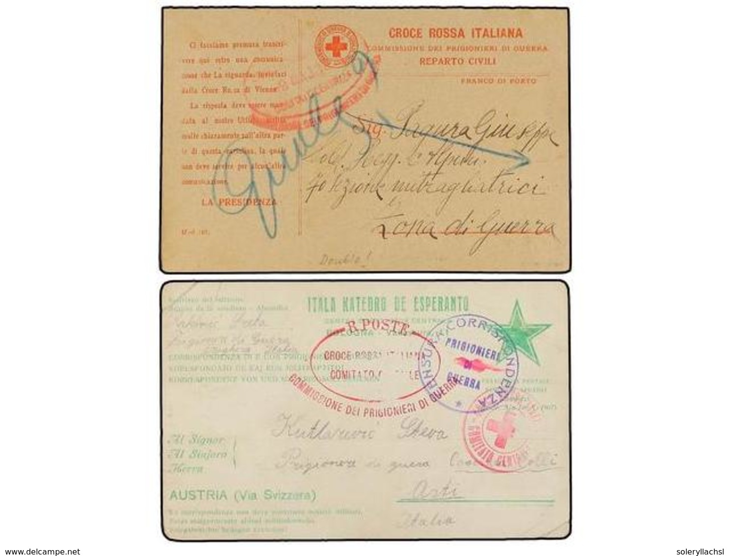 ITALIA. 1915-18. PRISIONEROS DE GUERRA. 2 Tarjetas Postales De La CRUZ ROJA De Prisioneros De Guerra, Diversas Marcas. - Autres & Non Classés