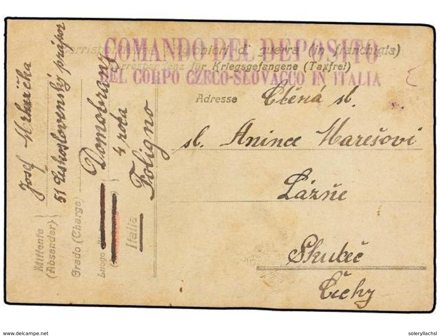 ITALIA. 1919. FOLIGNO A LAZNE (Checoeslovaquia). Tarjeta De Prisioneros De Guerra. Marca  COMANDO DEL DEPOSITO/DEL CORPO - Altri & Non Classificati