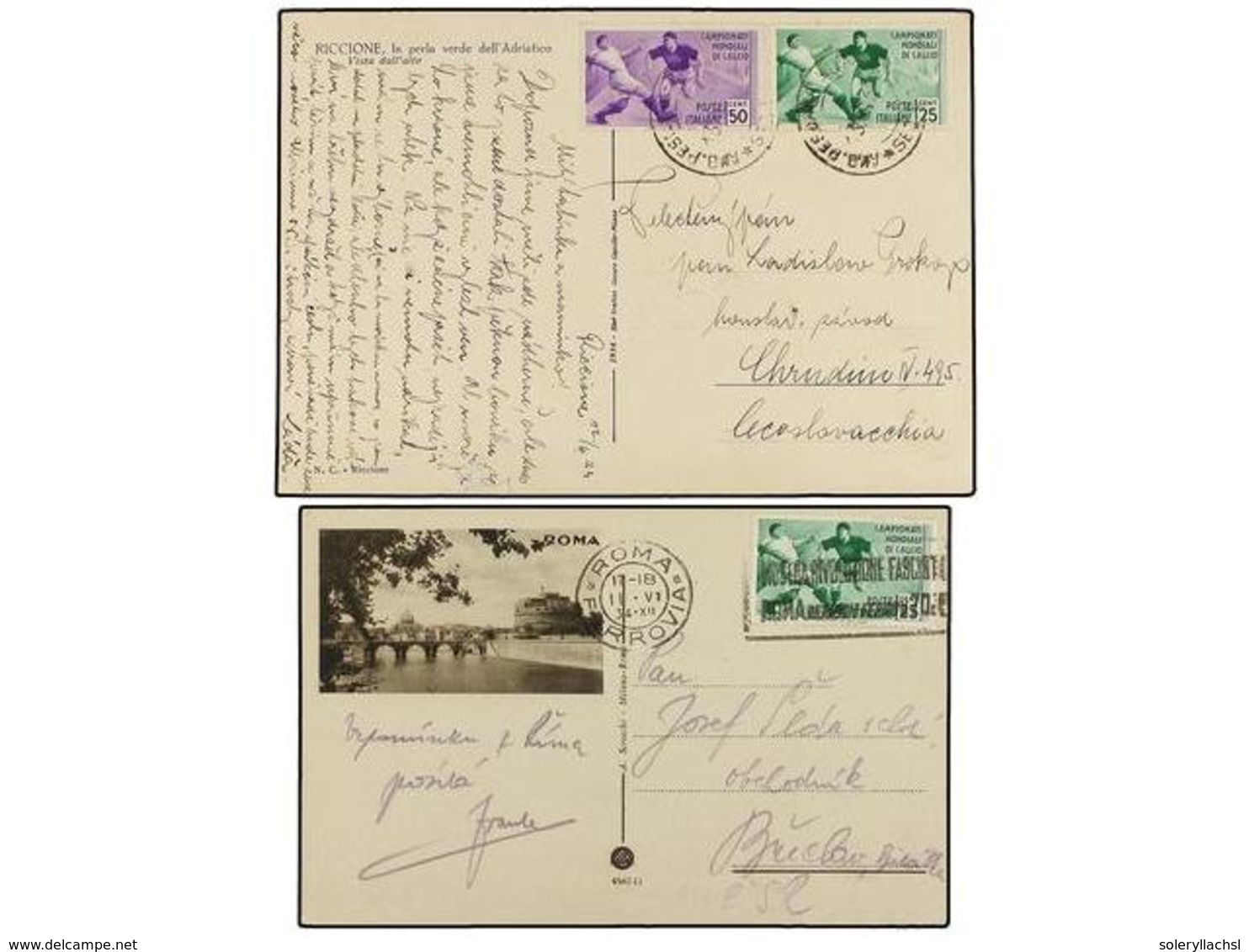 ITALIA. 1934. 'CALCIO'. 2 Tarjetas Postales Circuladas A Checoeslovaquia Con Franqueo De  25 Cts.  Y  25+50 Cts. - Autres & Non Classés