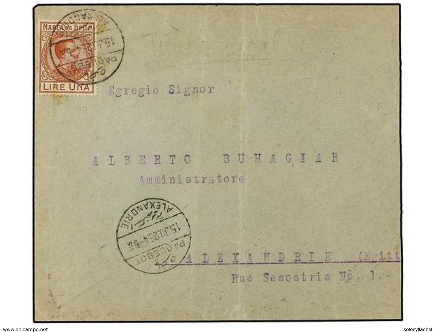 EGIPTO. 1925 (June 15). Cover To Alexandria Franked By Italy 'Marca Da Bollo'  1 Lire  Brown, Apparently Accepted For Pa - Altri & Non Classificati