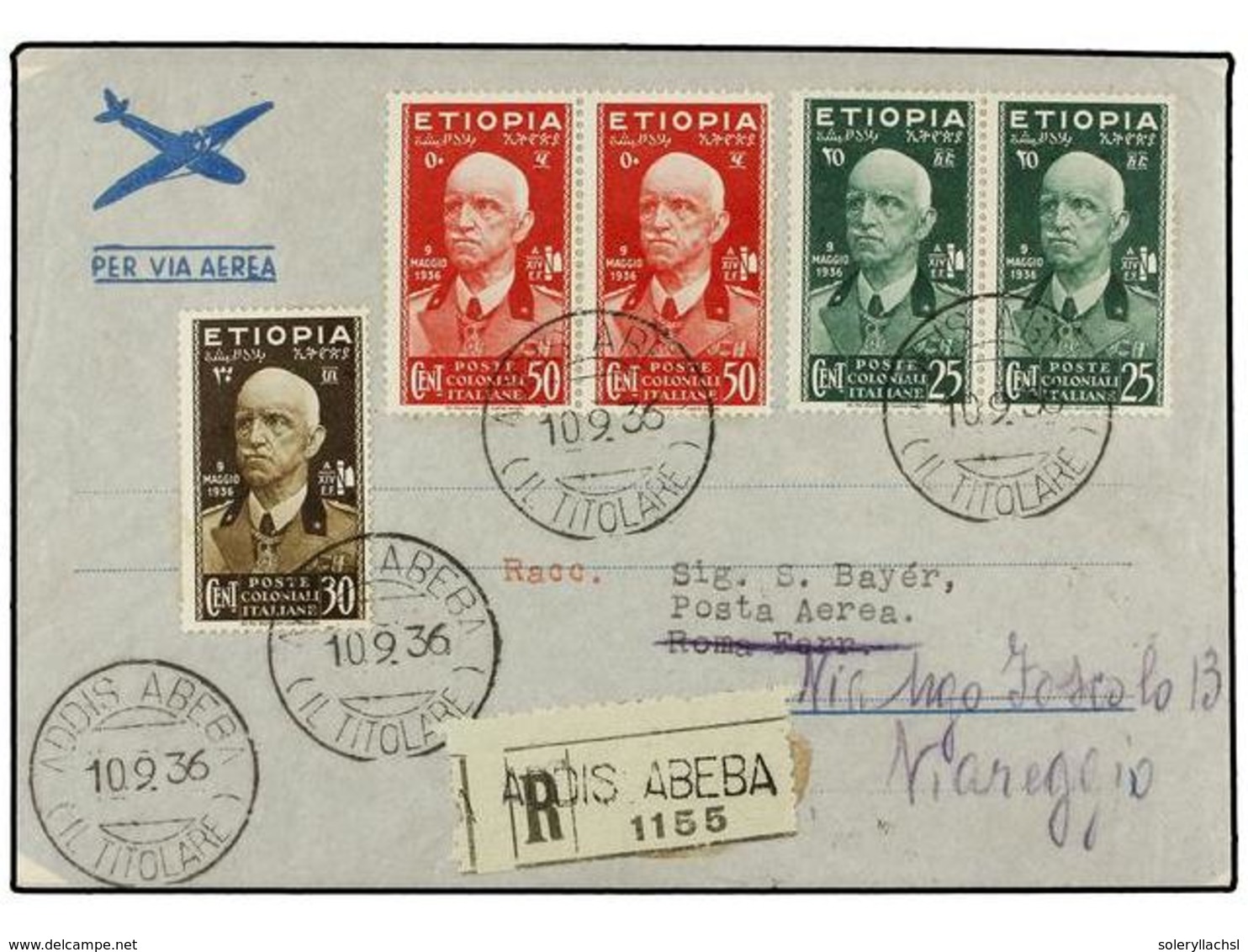 ETIOPIA. 1936 (10-9).  AIR MAIL. PRIMER VUELO . ADDIS ABEBA - ROMA. Circulada Con Sellos De  25 Cts.  (2),  30 Y 50 Cts. - Andere & Zonder Classificatie