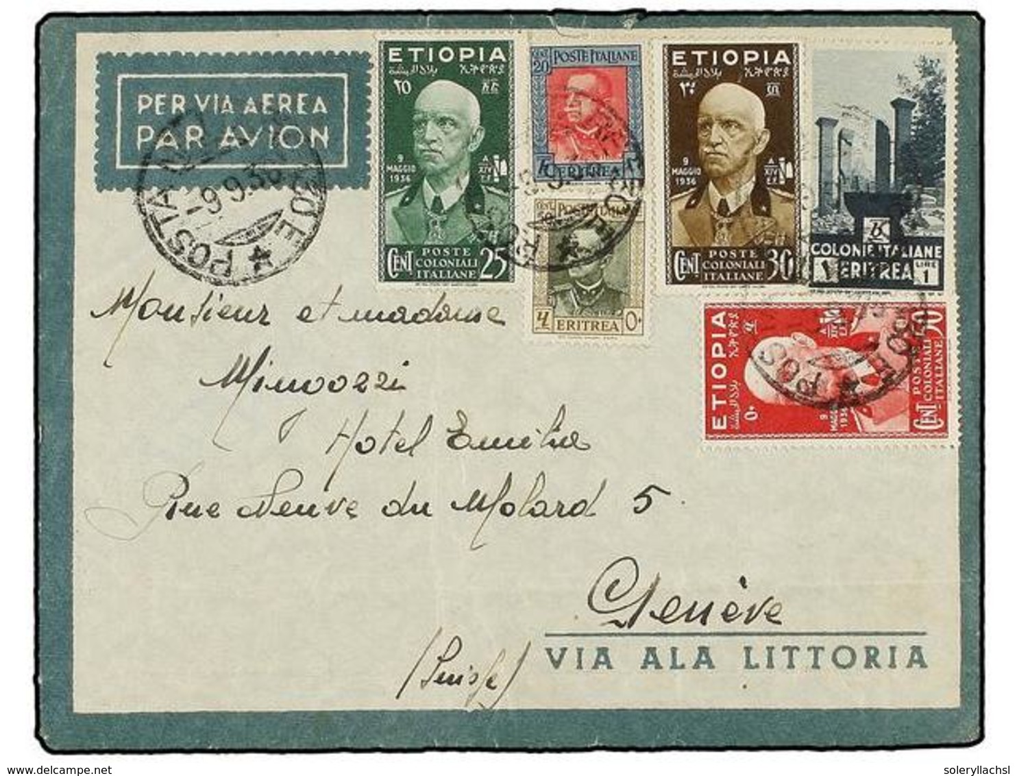 ETIOPIA. 1936. ADDIS-ABEBA A SUIZA. Precioso Franqueo Con Sellos De Etiopía Y Eritrea Circulada Por Correo Aéreo, Mat.   - Andere & Zonder Classificatie