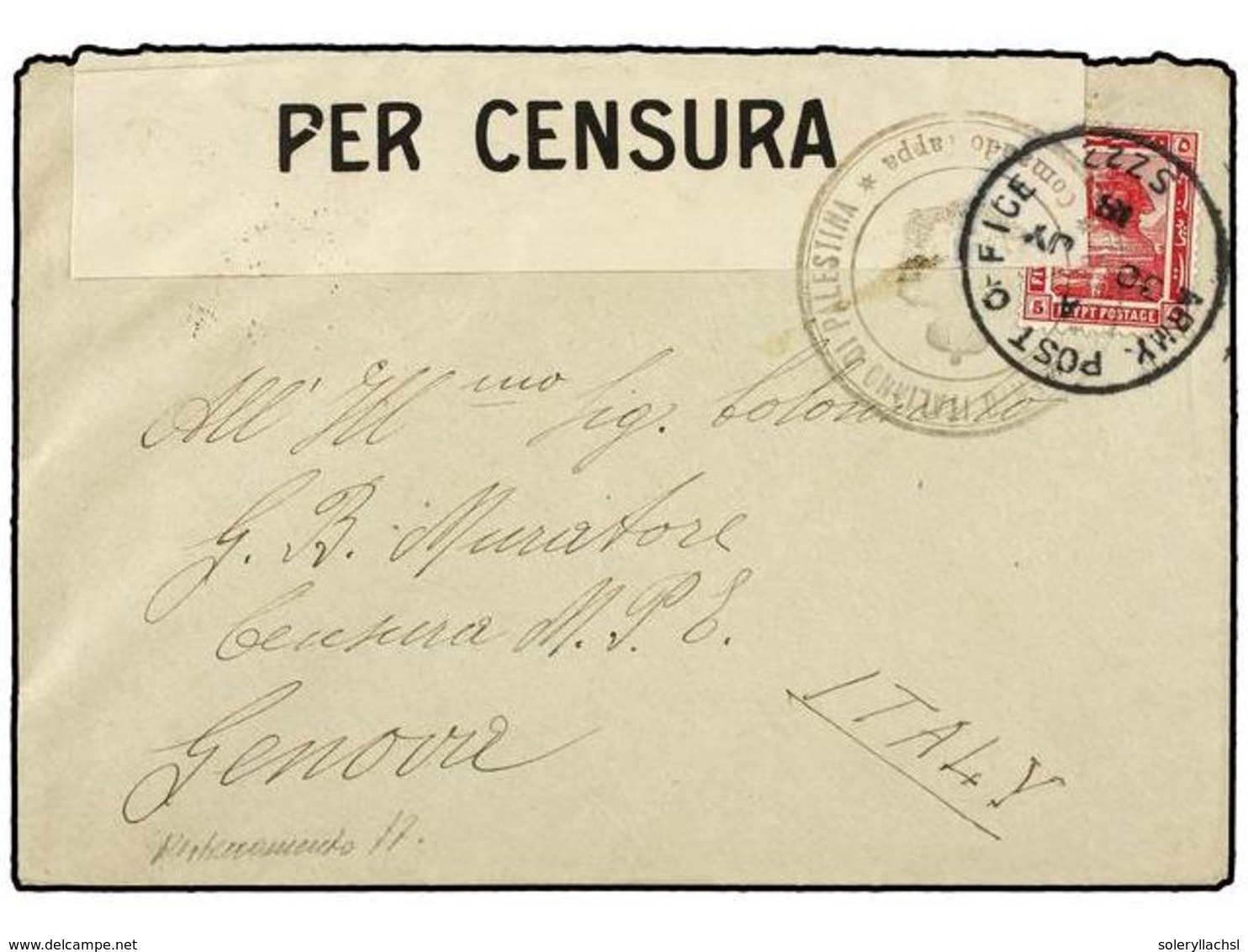 PALESTINA. 1918 (30-Julio).  DESTACAMENTO ITALIANO DE PALESTINA . Sobre Circulado Desde PORT SAID A ITALIA Con Sello De  - Andere & Zonder Classificatie