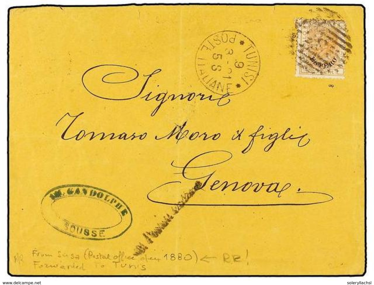 TUNEZ. Sc.7. 1881 (March 9). Cover From SOUSSE To GENOA (Italy) With Sender's Cachet In Blue At Lower Left, Franked By 1 - Autres & Non Classés