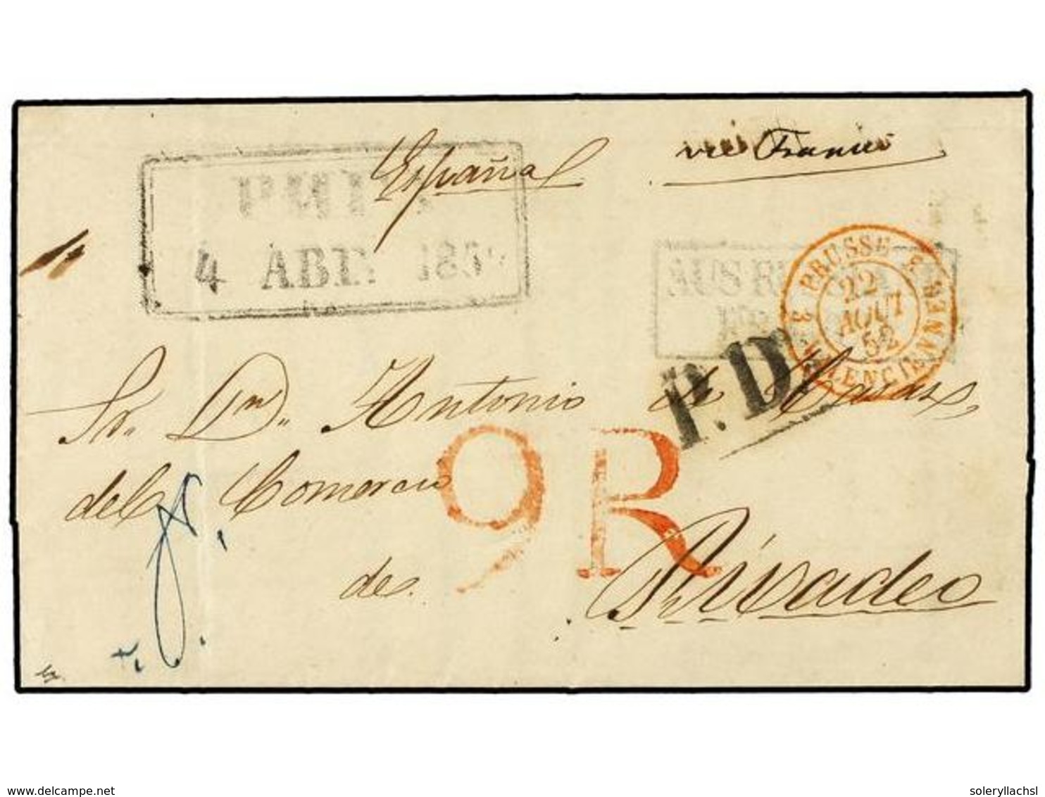 LETONIA. 1852 (August 4/17). Entire Letter To RIVADEO (Spain) Struck On Despatch With Boxed And Dates  RIGA  Datestamp,  - Autres & Non Classés