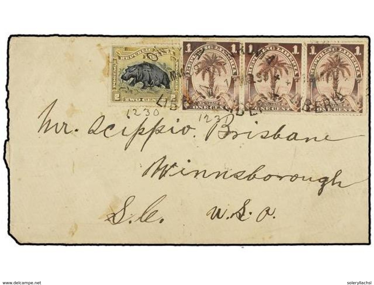 LIBERIA. 1897. Palm Tree  1c.  Lilac Rose Strip Of Three, Used With  2c.  Bistre & Black Tied By  MONROVIA  Datestamps I - Altri & Non Classificati