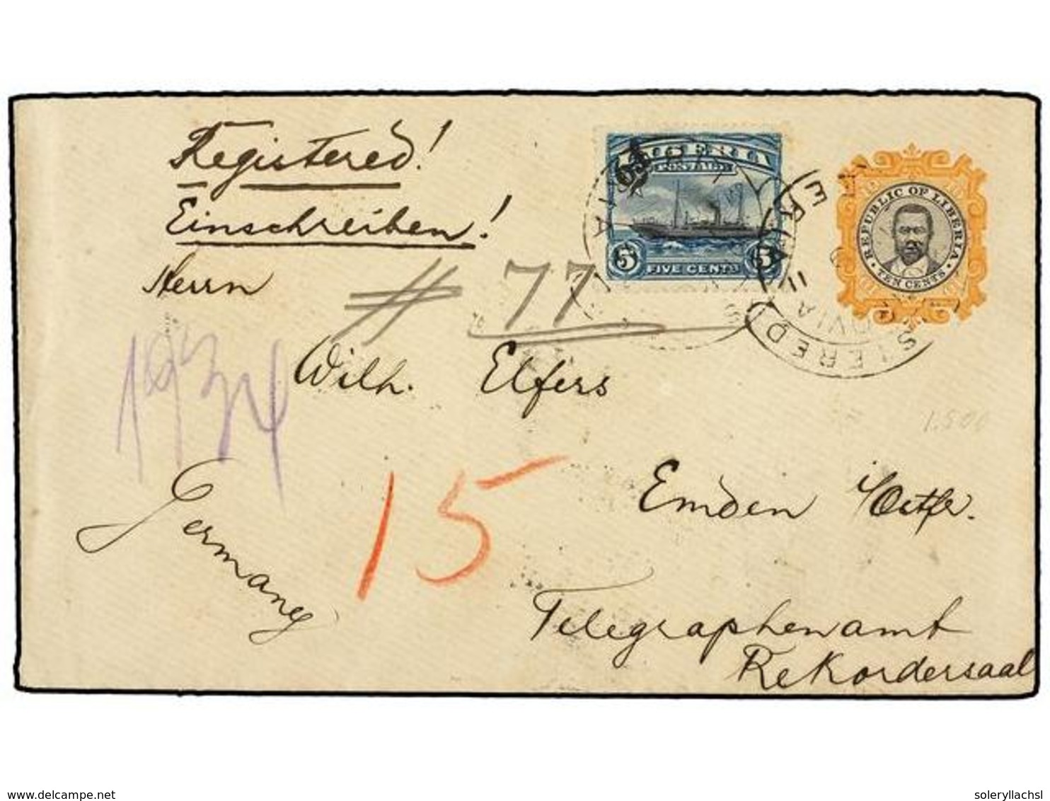 LIBERIA. 1911.  10c.  Black & Orange Postal Stationery Envelope Sent Registered To GERMANY, Up-rated With Official 1909- - Sonstige & Ohne Zuordnung