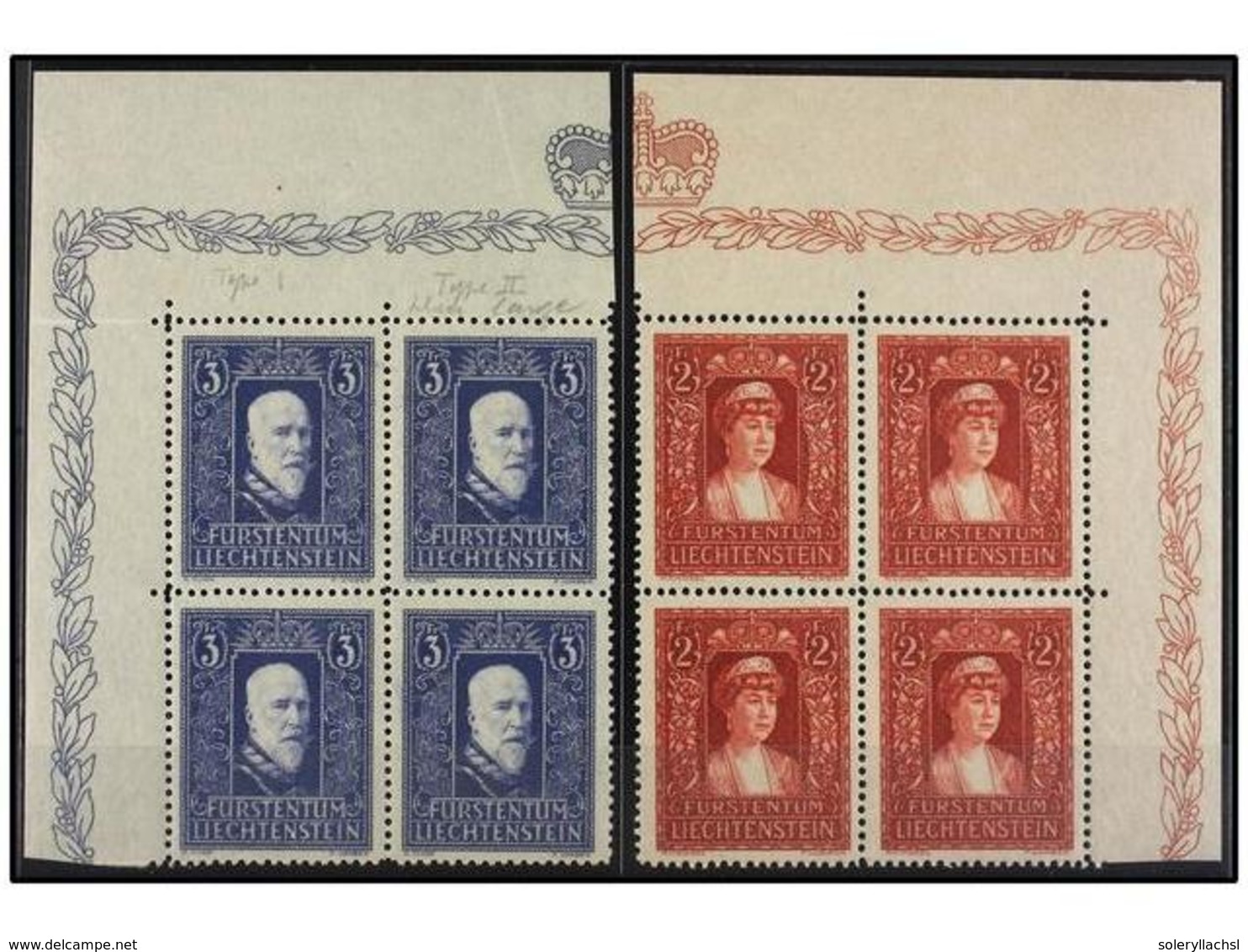 ** LIECHTENSTEIN. Yv.117 (4), 129 (4). 1933-35.  3 Fr.  Blue Violet And  2 Fr.  Red Brown. Blocks Of Four, Never Hinged. - Sonstige & Ohne Zuordnung