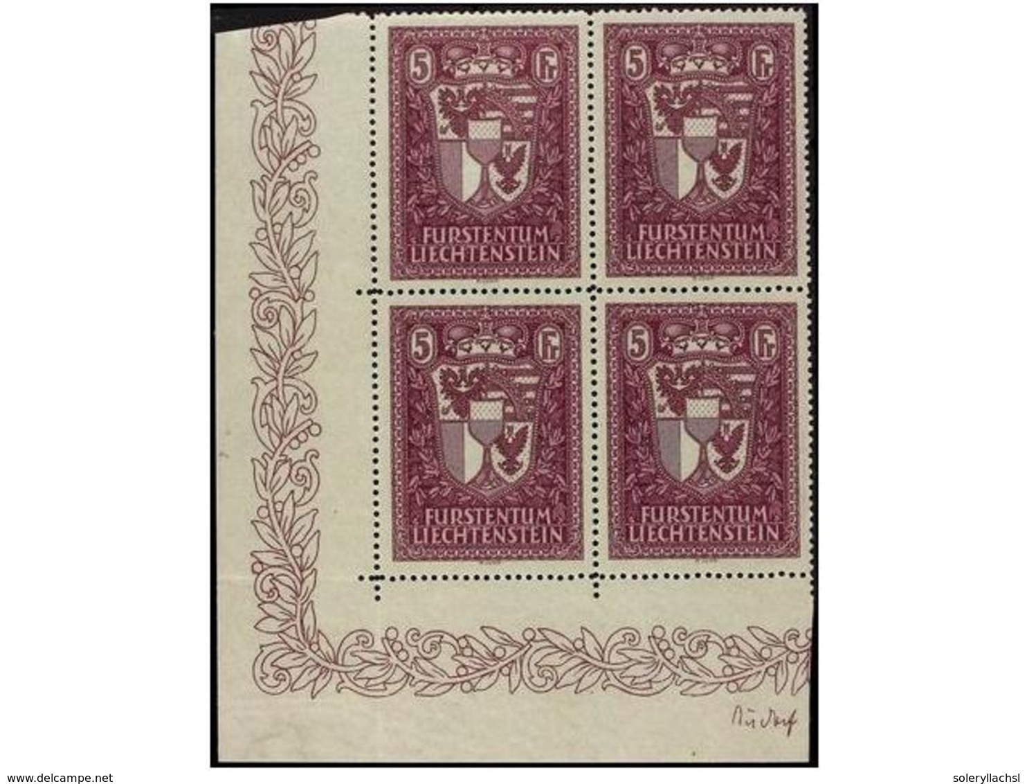 ** LIECHTENSTEIN. Yv.128 (4). 1935.  5 Fr.  Lilac. Block Of Four, Never Hinged. LUXE. - Autres & Non Classés