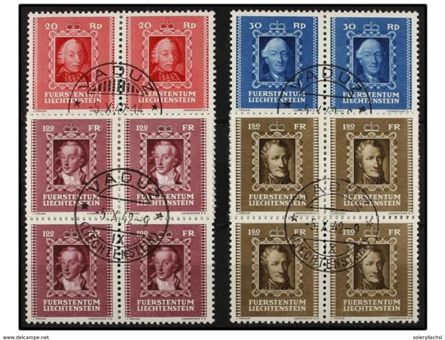 ° LIECHTENSTEIN. Mi.207/10. 1942. Complete Set. Block Of Four, Fine In Used. Michel.120€. - Autres & Non Classés