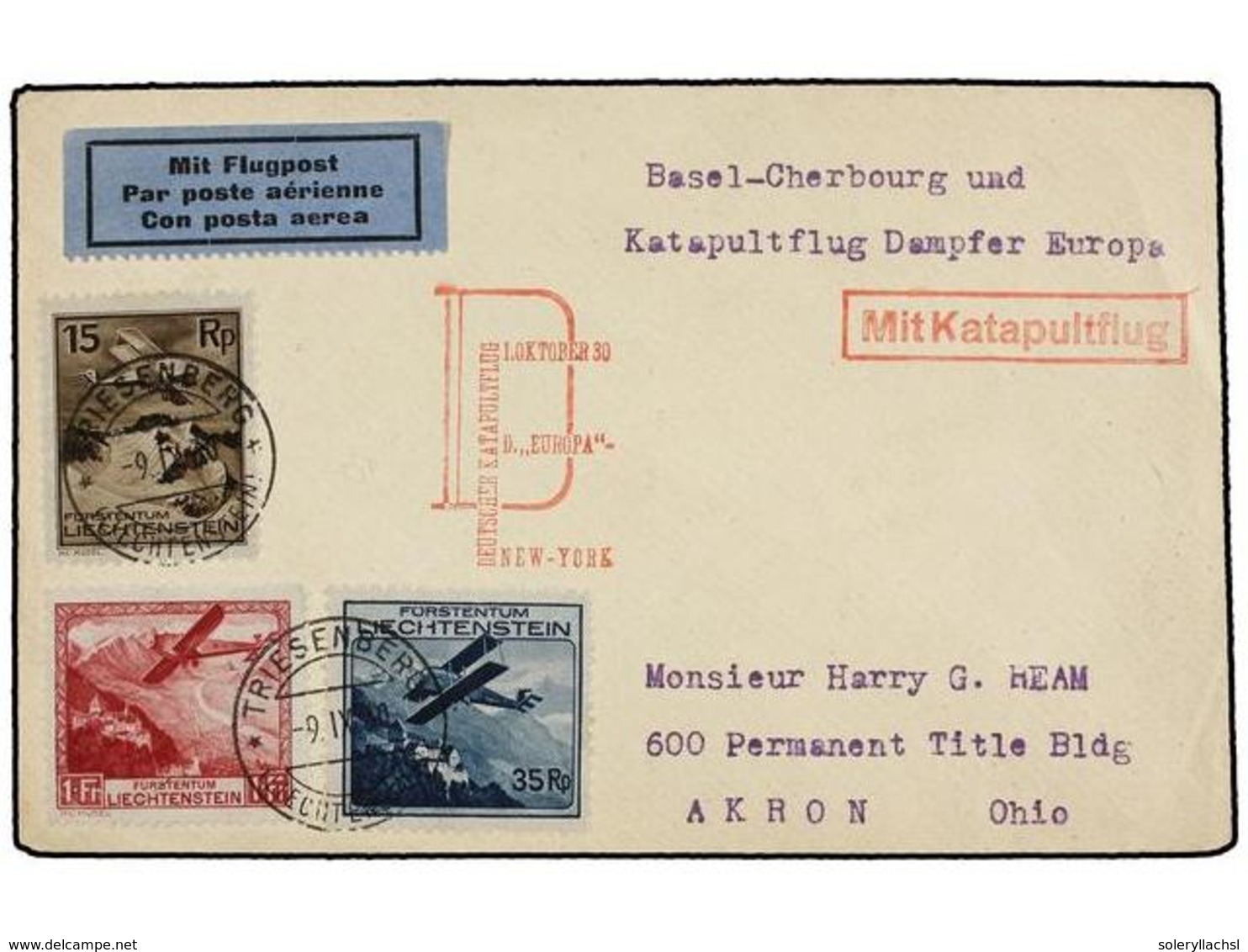 LIECHTENSTEIN. 1930 (9-IX). TRIESENBERG To USA.  15 Rp., 35 Rp.  And  1 Fr. CATAPULT FLIGHT  By The German Shit  'EUROPA - Andere & Zonder Classificatie