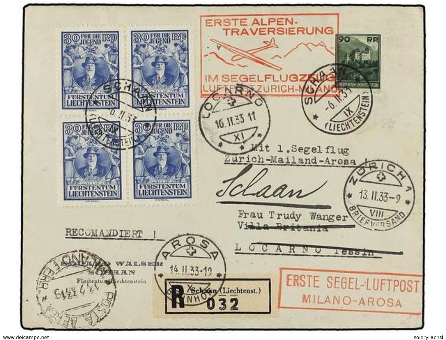 LIECHTENSTEIN. Mi.118 (4), 120. 1933. SCHAAN To LOCARNO.  30 Rp.  Blue (4) And  90 Rp.  Green.  FIRST FLIGHT ZURICH-MILA - Sonstige & Ohne Zuordnung