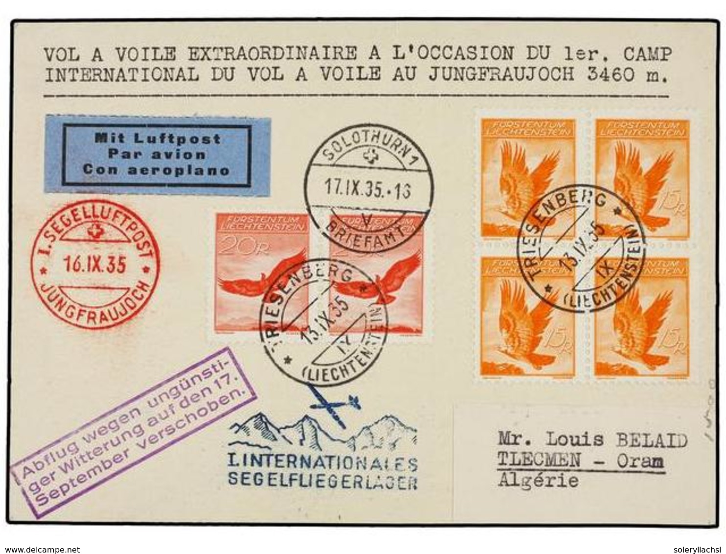 LIECHTENSTEIN. 1935 (13-IX). TRIESENBERG A TLLECMEN (Algeria). Vuelo Especial, Marca En Azul, Al Dorso Llegada. - Altri & Non Classificati